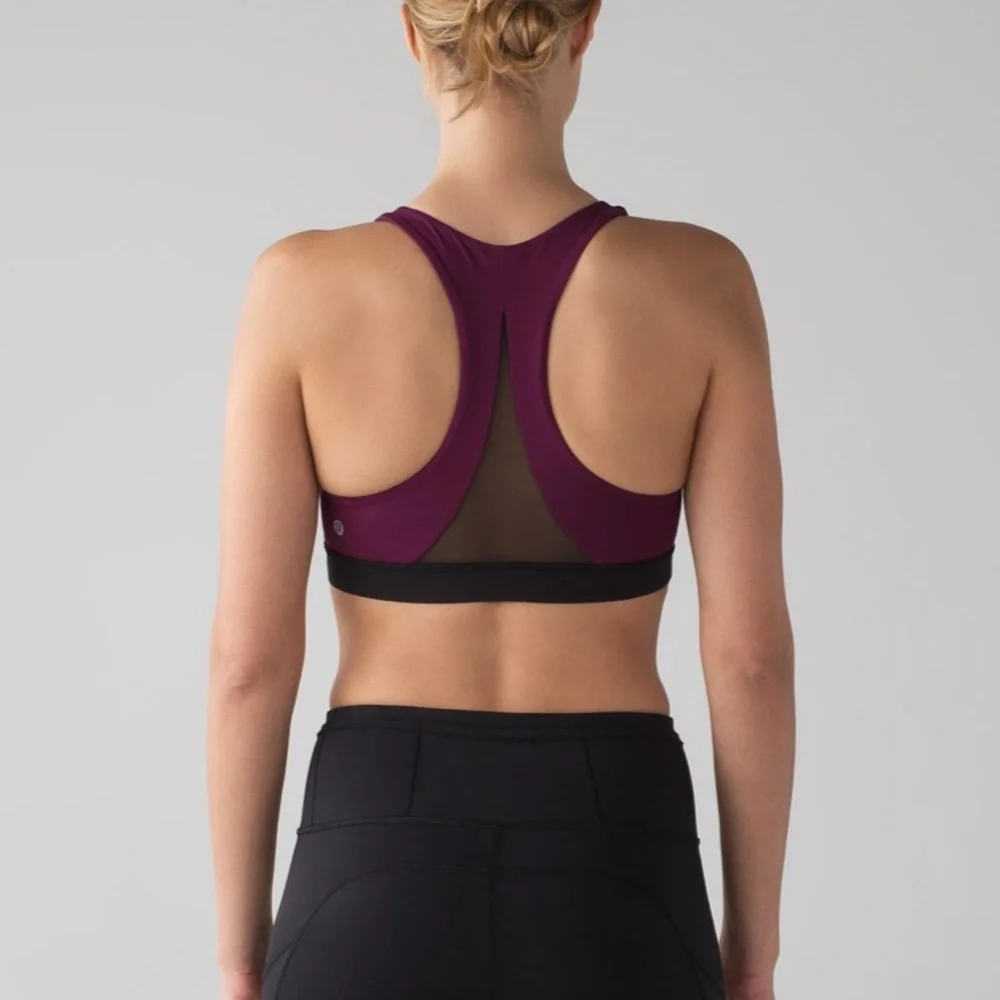 Lululemon Invigorate Sports Bra in Marvel Berry Black Combo, Mesh Inset, Size 12
